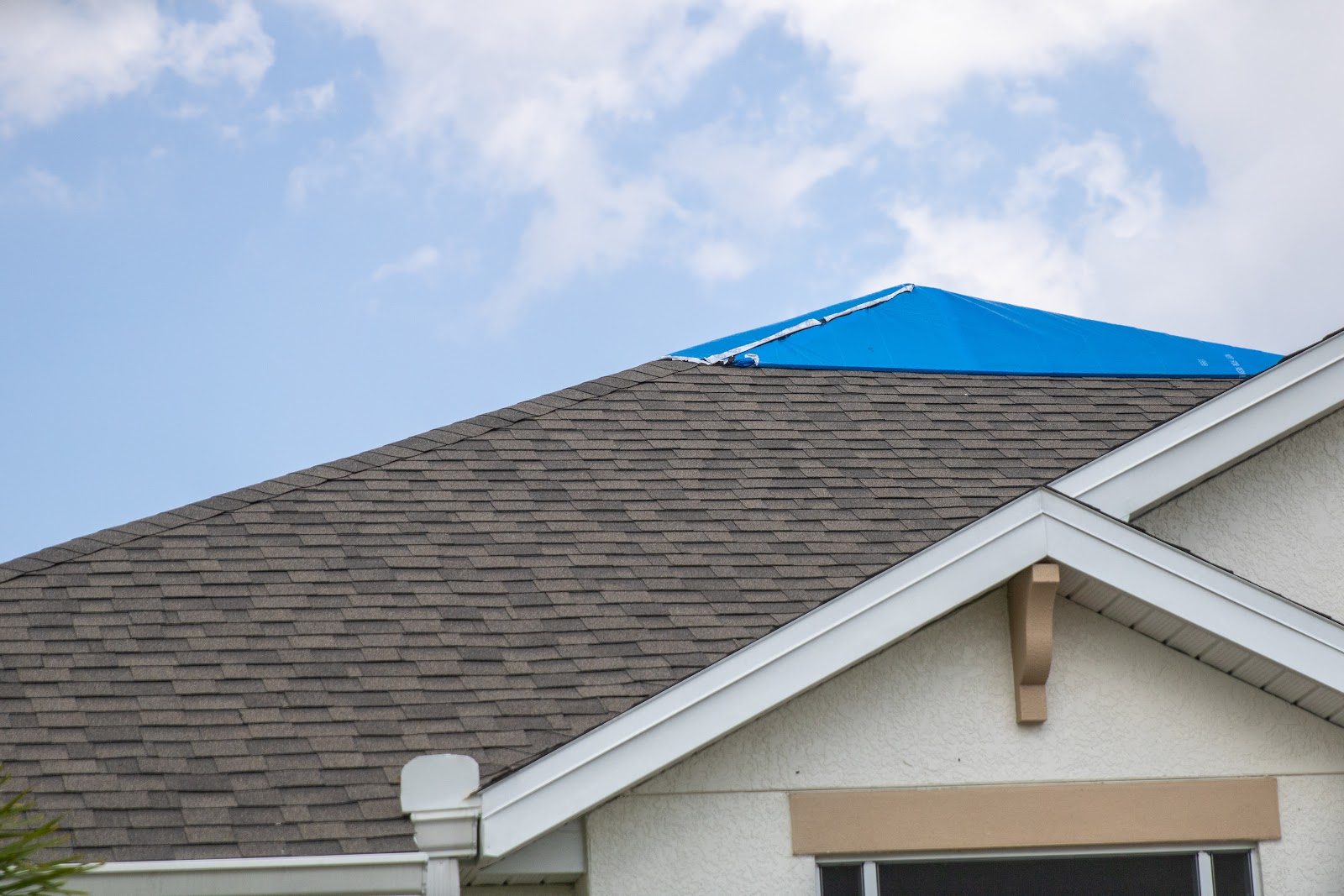 Emergency blue tarp installed on a damaged section of a Florida shingle roof